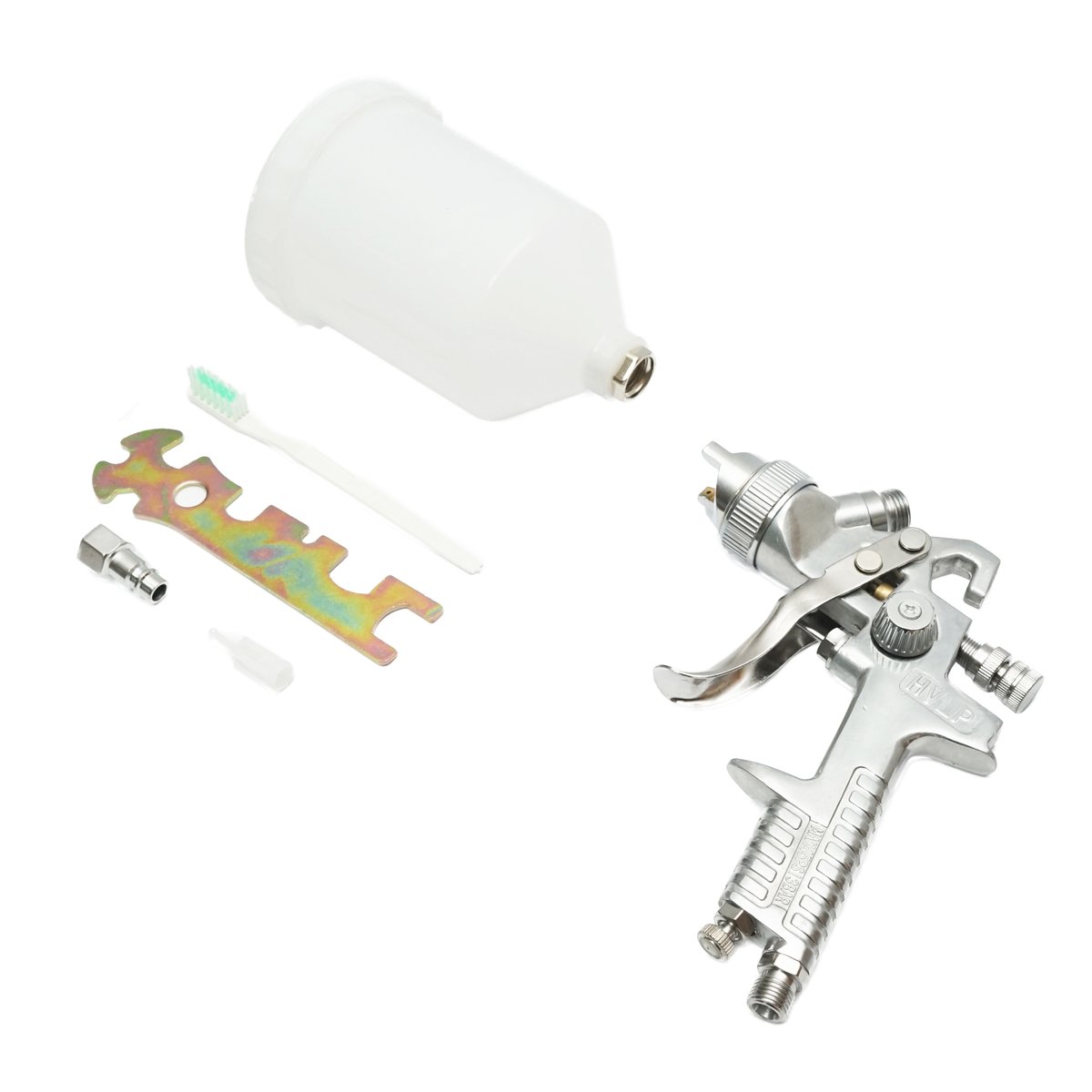 Pistol de vopsit cu aer comprimat 0.6L, cupa din plastic in partea de sus, duza 1.4mm